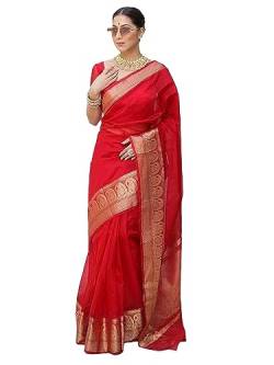 SIRIL Damen Zari Patta Organza-Sari mit ungenähter Bluse, Rot, Einheitsgröße von SIRIL