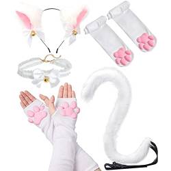 SIROLISA 3D-Silikon-Katzenpfoten-Fäustlinge, süße Katzenpfoten, Zehen, Bohnen, Socken, hohe Strümpfe für Frauen, Mädchen, Halloween, Weihnachten, Cosplay, 5-teiliges weißes Set von SIROLISA
