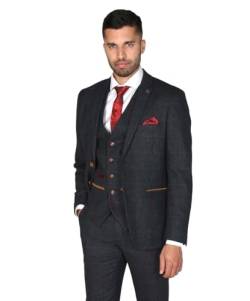 Herren Fensterscheibe Karo Slim Fit Anzug Grau Formell Hochzeit Abschlussball Retro Klassisch Vintage Stil 3-teiliges Set, Nur Hose, Marineblau, 48 von SIRRI