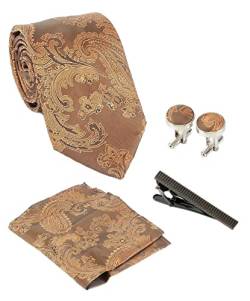 Herren Tonal Paisley Krawatte und Manschettenknöpfe 4-Teiliges Set in Gold Braun von SIRRI