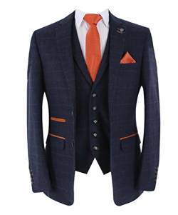 Herren Tweed Windowpane Karo Anzug Jacke Weste Hose Taillierte Passform Marineblau Separates Set, Nur Blazer, Marineblau, 60 von SIRRI