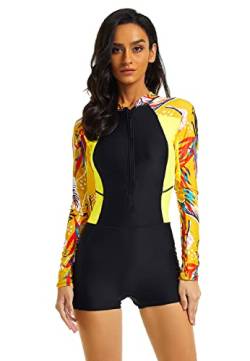 SISAY Damen Badeanzug mit Langen Ärmeln Reißverschluss Einteilig Bademode Surfanzug Rashguard Blumenmuster UV-Schutz Strandmode Schwimmanzug von SISAY