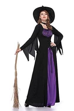SISAY Damen Hexen Kostüm mit Hut Erwachsenen Lila und Schwarzes Tunika Langes Kleid für Halloween Party Cosplay von SISAY