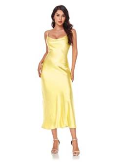 Damen Spaghettiträger Midi Satin Seide Kleider Slip Wasserfallkragen Party Cocktail Abend Sexy Kleid, gelb, Groß von SITELUOYG