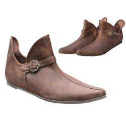 Mittelalterliche Stiefel Männer Frauen Kurze Stiefel PU Leder Flache Schuhe mit Verstellbaren Gürtelschnalle Retro Leder Stiefeletten für Männer Frauen,Braun,41 von SIULAS