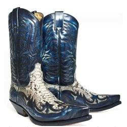 SIULAS Western Cowboy Stiefel - Low Heel Mid Tube Ritter Stiefel - Vintage Leder Stickerei Western Cowboy Biker Stiefel,Blau,39 von SIULAS