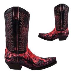 SIULAS Western Cowboy Stiefel - Low Heel Mid Tube Ritter Stiefel - Vintage Leder Stickerei Western Cowboy Biker Stiefel,Rot,44 von SIULAS