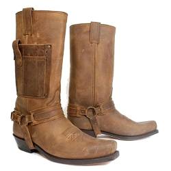 Western Cowboy Stiefel Männer Stiefel Square Toe PU Leder Stiefel Vintage Leder Steampunk Ritter Schuhe Low Heel Mid Tube Rider Pferd Motorrad Stiefel für Cos Props,Braun,42 von SIULAS