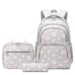 SIVENKE Schulrucksack Mädchen Teenager Damen Schultasche Rucksack Set Gänseblümchen Schulranzen für Mädchen Schule Freizeit mit Lunchpaket Tasche und Mäppchen von SIVENKE