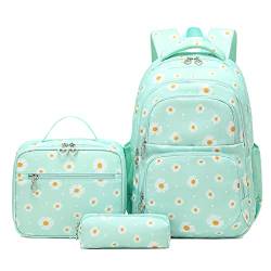 SIVENKE Schulrucksack Mädchen Teenager Damen Schultasche Rucksack Set Gänseblümchen Schulranzen für Mädchen Schule Freizeit mit Lunchpaket Tasche und Mäppchen von SIVENKE