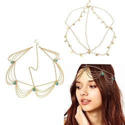 SJBAUTYO 2 Stück Schmuck Boho Stirnband,Geschichtete Kopfkette Gold Perlen Kopfschmuck,für Frauen und Mädchen von SJBAUTYO