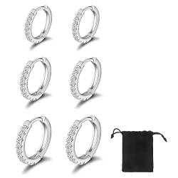 SJBAUTYO 3 Paar kleine Creolen für Damen,Hypoallergen Creolen,Klein Schlafen Creolen Ohrringe mit AAA Zirkonia, Silber Kreolen Ohrringe Set in 8, 10, 12mm von SJBAUTYO