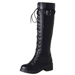 SJJH Damen Kniehohe Stiefel mit Schnürung und klobigem Absatz (Schwarz, 38 EU) von SJJH