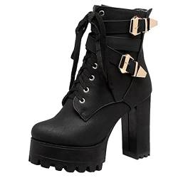 SJJH Damen Plateau Stiefeletten mit hohem Blockabsatz und Niete (Schwarz, 48 EU) von SJJH