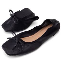 SJJH Damen weiche Faltbare Flache Schuhe mit quadratischer Zehe und Schleifen (Schwarz,50) von SJJH