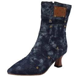 SJJH Mode Damen Jeans-Stiefeletten mit Spitzer Zehenpartie und Ausgestellten Absätzen (Dunkelblau, 42) von SJJH