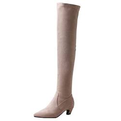 SJJH Modische Overknee-Stiefel mit Kegelabsatz und spitzer Zehenpartie (Beige, 43 EU) von SJJH