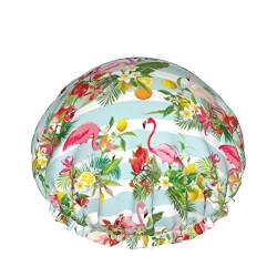 Duschhaube mit tropischen Früchten, Blumen und Flamingos, für Damen, Schichten, Baden, Dusche, wiederverwendbar, elastisches Band, Stretch-Saum, Haarhut von SJOAOAA