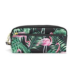 SJOAOAA Federmäppchen mit großem Fassungsvermögen, Federmäppchen, tropische grüne Blätter, Flamingo, Leder, Make-up-Tasche mit Fach, Reißverschluss, Halter, Schulorganizer, Schreibwaren-Tasche, siehe von SJOAOAA