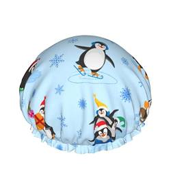 Weihnachtspinguine mit Schneeflocken, Duschhaube für Frauen, Schichten, Baden, Dusche, wiederverwendbar, elastisches Band, Stretch-Saum, Haarhut von SJOAOAA