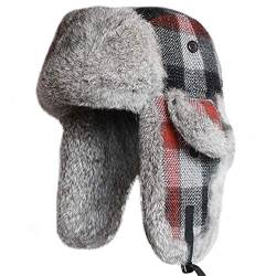 SK Studio Wintermütze mit Ohrenklappen, Warme Baumwolle Trappermütze Hut Unisex Fliegermütze Fellmütze Erwachsenen für Herren Rot/Kaninchenfell XL von SK Studio