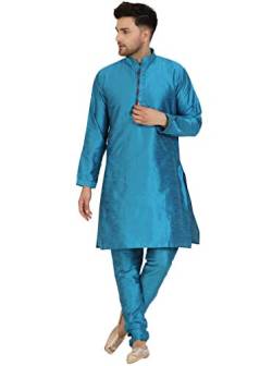 SKAVIJ Herren Art Silk Kurta Pyjama Indischer traditioneller Anzug Festliche Jahreszeit Kleid Set (Türkis, XL) von SKAVIJ
