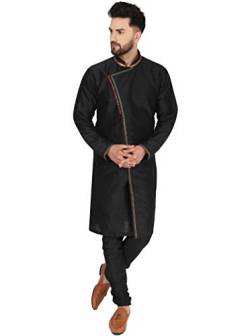 SKAVIJ Herren Dupion Art Seide Kurta Pyjama Indian Ethnisch Outfit Set (Schwarz, XL) von SKAVIJ