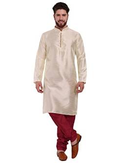 SKAVIJ Herren Indisches Kurta-Pyjama-Set Kunstseide Outfit lässig reguläre Passform (Cremefarben, S) von SKAVIJ