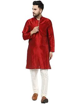 SKAVIJ Herren Indisches Kurta-Pyjama-Set Kunstseide Outfit lässig reguläre Passform (Rot, L) von SKAVIJ