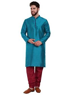 SKAVIJ Herren Indisches Kurta-Pyjama-Set Kunstseide Outfit lässig reguläre Passform (Türkis, S) von SKAVIJ