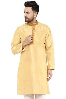 SKAVIJ Herren Kunst Seide Kurta Hochzeit Party Lässiges Langes Hemd Kleid (Groß, Beige) von SKAVIJ