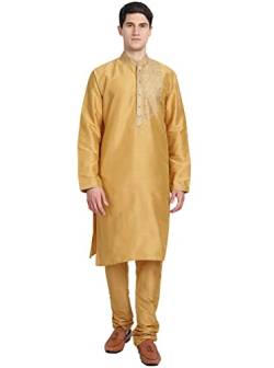 SKAVIJ Herren-Kurta-Pyjama-Set Bestickt Kunst Seide Hochzeit Kleid Tragen (Große, Gold) von SKAVIJ