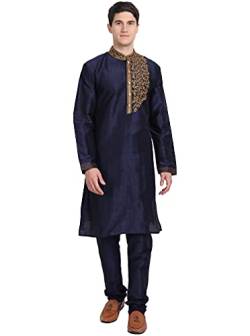 SKAVIJ Herren-Kurta-Pyjama-Set Bestickt Kunst Seide Hochzeit Kleid Tragen (X-Large, Blau) von SKAVIJ