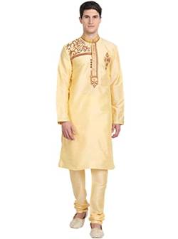 SKAVIJ Herren-Kurta-Pyjama-Set Indische Tunika Kunst Seide Partykleid Outfit (Groß, Beige) von SKAVIJ