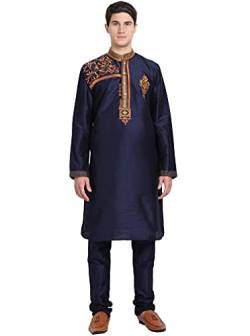 SKAVIJ Herren-Kurta-Pyjama-Set Indische Tunika Kunst Seide Partykleid Outfit (Groß, Blau) von SKAVIJ