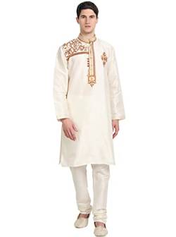 SKAVIJ Herren-Kurta-Pyjama-Set Indische Tunika Kunst Seide Partykleid Outfit (Groß, Elfenbeinfarben) von SKAVIJ