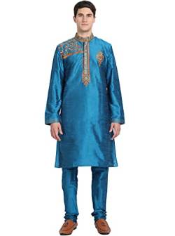 SKAVIJ Herren-Kurta-Pyjama-Set Indische Tunika Kunst Seide Partykleid Outfit (Mittel, Türkis) von SKAVIJ