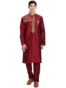 SKAVIJ Herren-Kurta-Pyjama-Set Indische Tunika Kunst Seide Partykleid Outfit (X-Large, Rot) von SKAVIJ