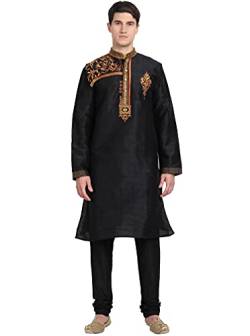 SKAVIJ Herren-Kurta-Pyjama-Set Indische Tunika Kunst Seide Partykleid Outfit (X-Large, Schwarz) von SKAVIJ