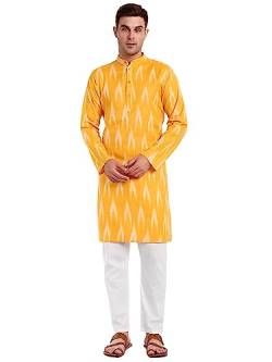 SKAVIJ Herren-Kurta-Pyjama-Set aus 100% Baumwolle, indisches Ethno-Henley-Hemd, Lange Ärmel, Freizeithose, Yoga-Outfits (Gold, Medium) von SKAVIJ