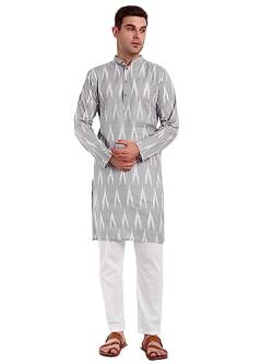 SKAVIJ Herren-Kurta-Pyjama-Set aus 100% Baumwolle, indisches Ethno-Henley-Hemd, Lange Ärmel, Freizeithose, Yoga-Outfits (Grau, Medium) von SKAVIJ