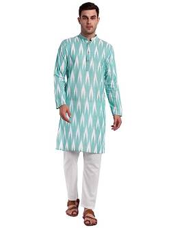 SKAVIJ Herren-Kurta-Pyjama-Set aus 100% Baumwolle, indisches Ethno-Henley-Hemd, lange Ärmel, Freizeithose, Yoga-Outfits (Meeresgrün, Large) von SKAVIJ