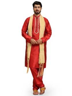 SKAVIJ Herren Kurta Pyjama und Stola Indische Ethnisch Outfit Set (Rot, S) von SKAVIJ
