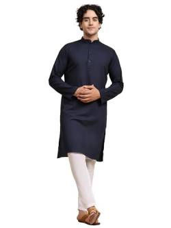 SKAVIJ Herren Tunika Baumwolle Kurta Schlafanzug indisch Yoga Zwanglos Kleid Satz (Blau, XXL) von SKAVIJ