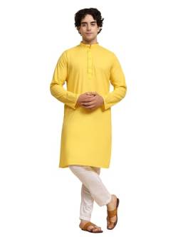 SKAVIJ Herren Tunika Baumwolle Kurta Schlafanzug indisch Yoga Zwanglos Kleid Satz (Gold, XL) von SKAVIJ