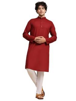 SKAVIJ Herren Tunika Baumwolle Kurta Schlafanzug indisch Yoga Zwanglos Kleid Satz (Rot, XL) von SKAVIJ