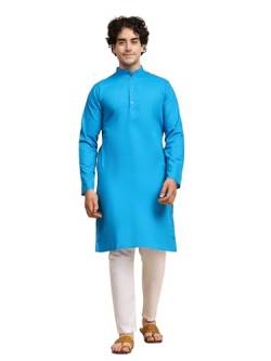 SKAVIJ Herren Tunika Baumwolle Kurta Schlafanzug indisch Yoga Zwanglos Kleid Satz (Türkis, XL) von SKAVIJ