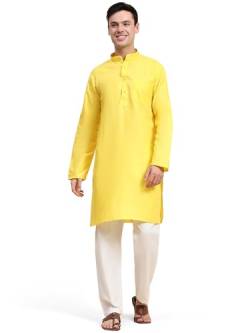 SKAVIJ Herren Tunika Baumwolle Sommer Kurta Pyjama Set Indisches Outfit (Gelb, XL) von SKAVIJ