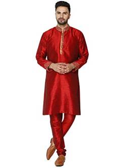 SKAVIJ Herren Tunika Gestickt Kurta Pyjama Hochzeit Party Kleid Set (Rot, XL) von SKAVIJ