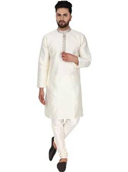 SKAVIJ Herren Tunika Kariert Kurta Pyjama Hochzeit Partei Kleid Set (Cremefarben, M) von SKAVIJ